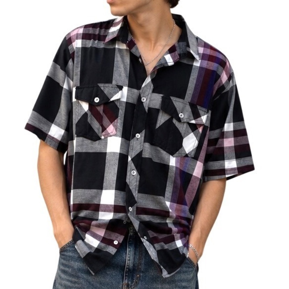King Maker Mens Black Plaid Button Up Shirt XL Short Sleeve Dual Pocket Casual